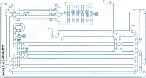 Industrial piping system illustration—valves, joints, and fluid control layout for mechanical engineering visua 