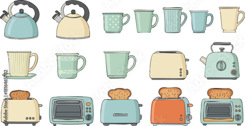 Colorful Kitchen Clipart Toasters, Kettles, and Mugs Illustration