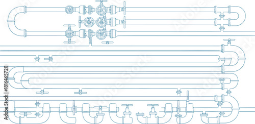 Piping system schematic—horizontal layout with gate, globe, and ball valves in parallel-series configuration