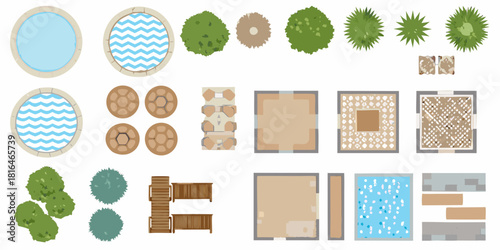Top down view collection of landscape design elements for outdoor living spaces and gardens