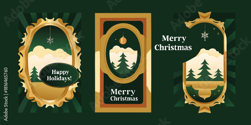 Festive christmas and happy holidays greeting card designs with ornate golden frames and winter forest scenes