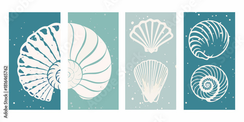 Set of four abstract minimalist nautical art prints featuring nautilus shells and scallops in teal and muted green tones