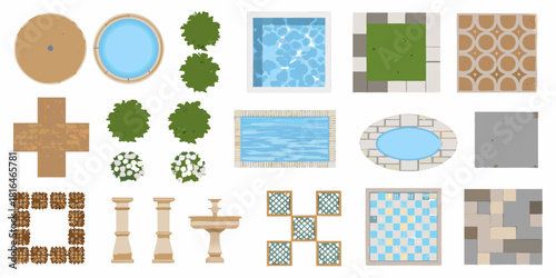 Top down view of garden elements including pools trees fountains and paving patterns