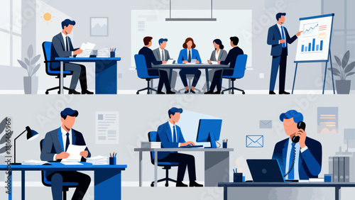 This illustration showcases various business scenarios, including meetings, collaborations, and presentations, depicting the different aspects of corporate work and teamwork.