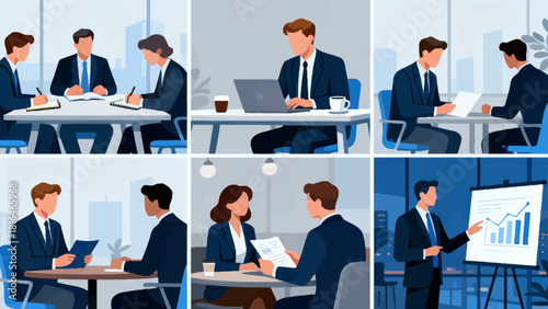 This illustration showcases various business scenarios, including meetings, collaborations, and presentations, depicting the different aspects of corporate work and teamwork.