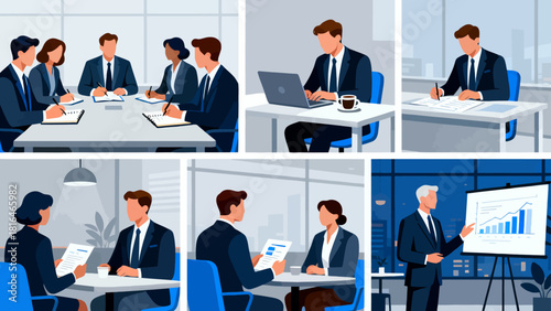 This illustration showcases various business scenarios, including meetings, collaborations, and presentations, depicting the different aspects of corporate work and teamwork.