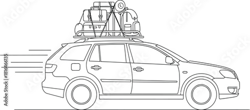 Station wagon car with luggage on roof rack speeding away on a road trip