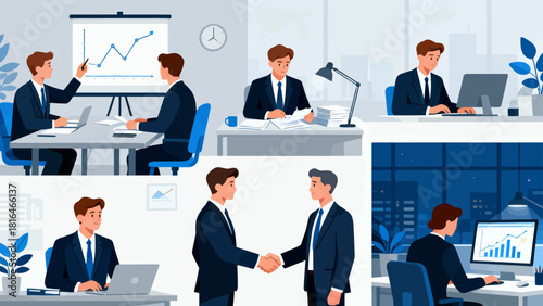 This illustration showcases various business scenarios, including meetings, collaborations, and presentations, depicting the different aspects of corporate work and teamwork.