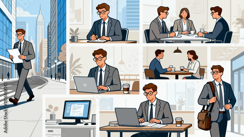 This illustration showcases various business scenarios, including meetings, collaborations, and presentations, depicting the different aspects of corporate work and teamwork.