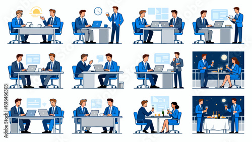 This illustration showcases various business scenarios, including meetings, collaborations, and presentations, depicting the different aspects of corporate work and teamwork.