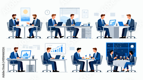 This illustration showcases various business scenarios, including meetings, collaborations, and presentations, depicting the different aspects of corporate work and teamwork.