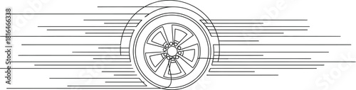 Minimalist line art of a car wheel in motion conveying speed and transportation