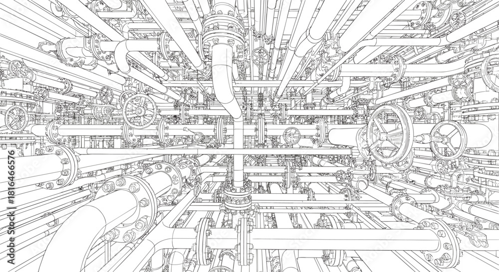 Obraz premium Industrial piping system illustration—complex network with valves, joints, and perspective depth