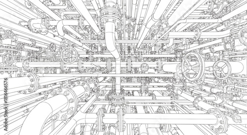 Industrial piping system illustration—complex network with valves, joints, and perspective depth