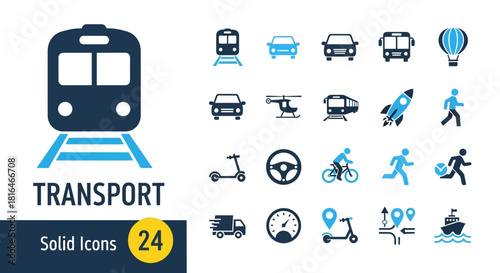 Transportation Icons Set Train, Car, Rocket, and More