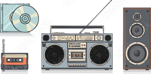 Vintage Audio Equipment Still Life Cassette, Boombox, CD and Speaker
