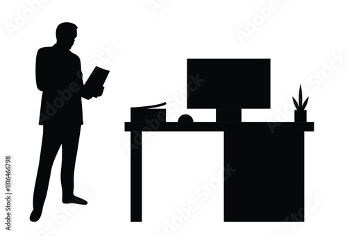Silhouette of a Business Man with Documents in the Office. People at work and daily routine activities of white collar people