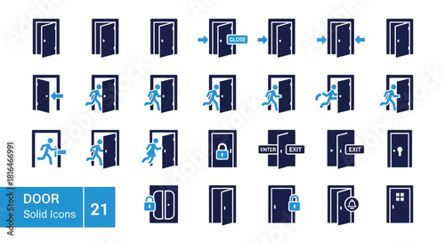 Comprehensive vector icon collection illustrating diverse door states, access, exit, and security actions for modern digital interfaces, apps, and architectural design