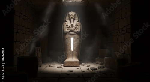 Ancient pharaoh sarcophagus in a dark, dusty tomb illuminated by a mysterious light. Egyptian mythology and a mystical treasure concept.