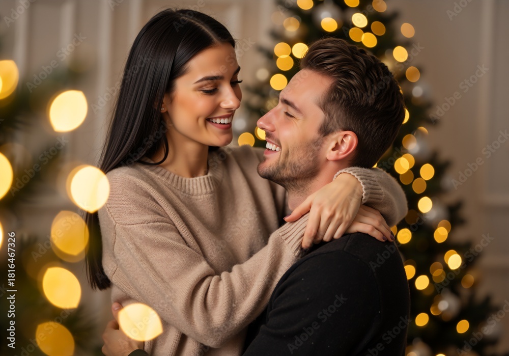 Naklejka premium Happy young couple embracing in front of a Christmas tree. Romantic man and woman smiling and celebrating the winter holidays together at home