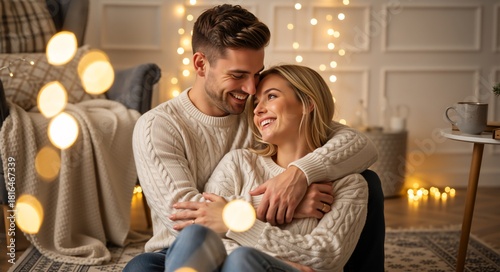 Happy young couple in matching sweaters embracing in a cozy home. Romantic man and woman celebrating christmas with festive lights