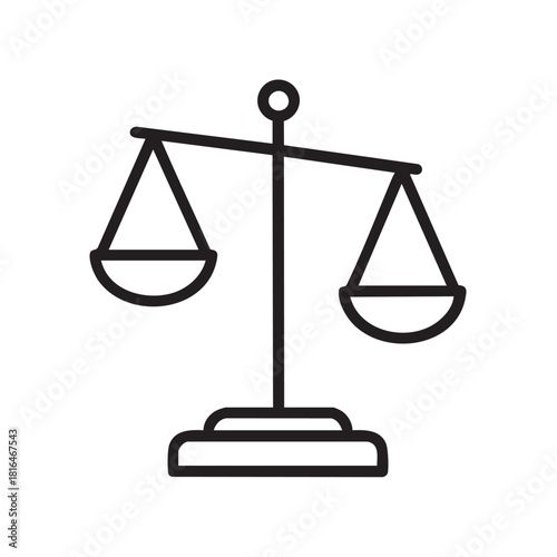 A simple black and white illustration depicting a classic balance scale with two triangular pans signifying justice and fairness
