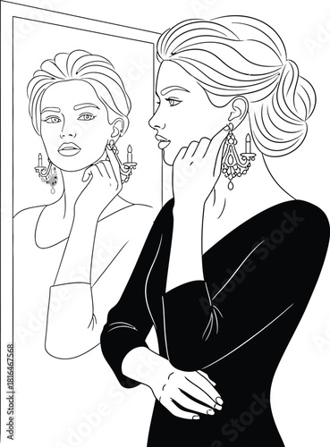 Elegant woman admires herself in the mirror wearing chandelier earrings and dress