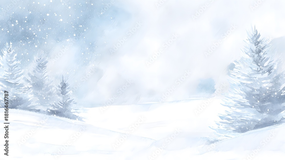Fototapeta premium Soft watercolor winter scene snow covered trees festive holiday background cozy Christmas card design
