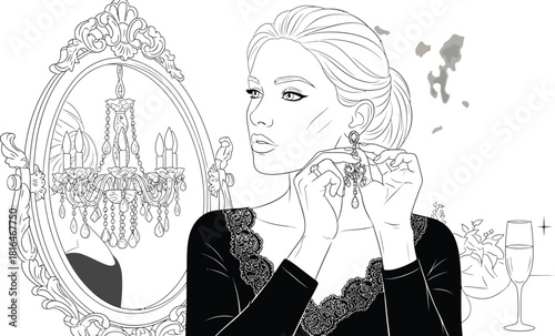 Elegant woman putting on earrings in front of a mirror getting ready for event