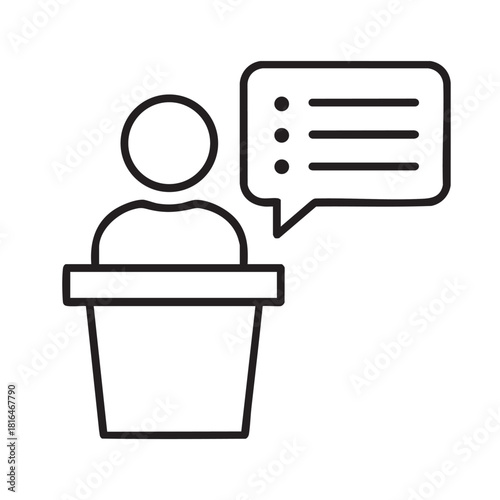 A simple line drawing depicts a person speaking at a podium with a speech bubble