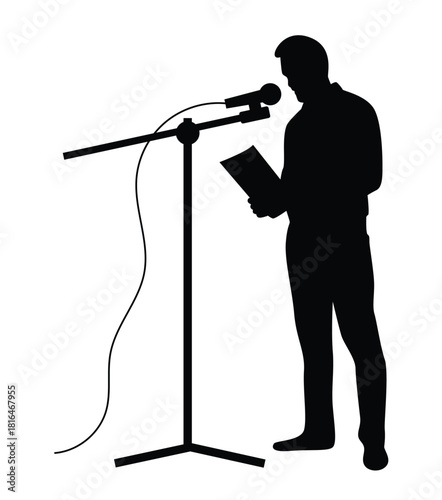 Speaker Performer or Stan Up Comedian Reading Speech Lines Silhouette. Artistic people and performance arts vector art