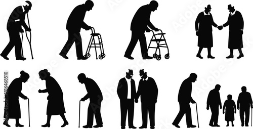 Elderly people silhouette, senior citizens walking, cane and walker usage, aging population, intergenerational care, black vector, cad drawing flat vector illustration