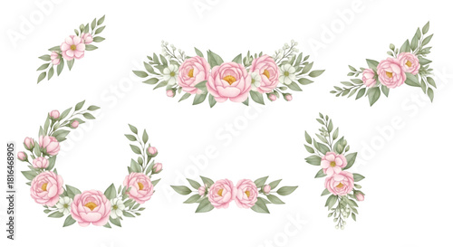 Pink Floral Wreath and Border Elements Keywords: pink, floral, wreath, border, elements, flowers