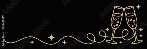 Minimalist line art of champagne glasses with stars on black background