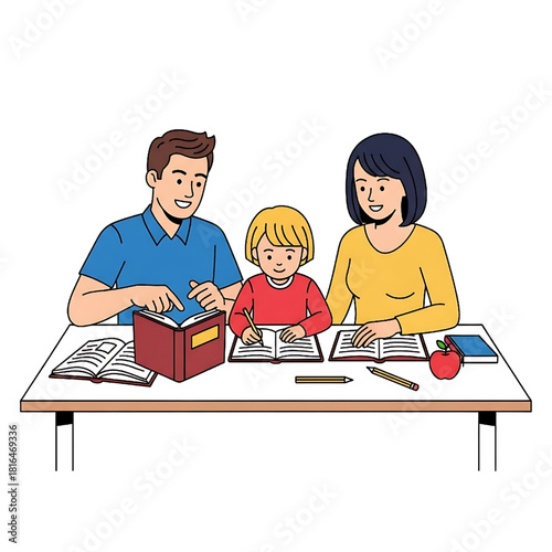 Family Learning Together at Home Homeschooling Illustration