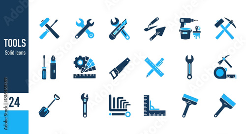 A collection of 24 solid tool icons, including hammers, wrenches, saws, and measurement tools, perfect for construction and DIY projects