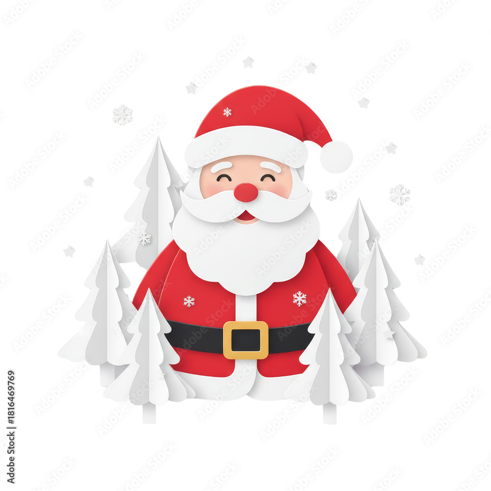 Fototapeta premium Festive Santa Claus Illustration Amidst Paper Cut Christmas Trees and Snowflakes Isolated