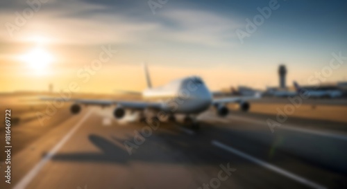 Softly blurred Commercial Airplane on an Airport runway at Sunset or sunrise, ideal for an abstract travel background