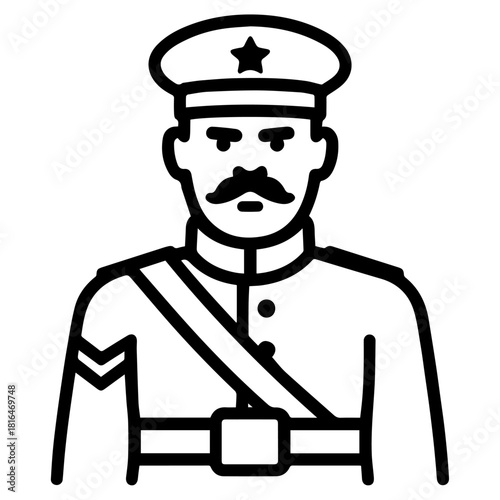 Vintage military officer in uniform with peaked cap, star badge, mustache, belt and shoulder strap—front-facing bust drawn in clean black outline, ideal for history apps, games, and branding.