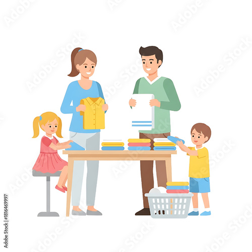 Family Folding Laundry Together at Home Vector Illustration