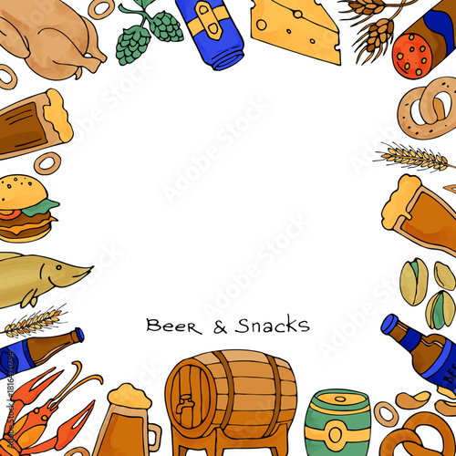 Colorful beer frame with mug, glass and snack, hand drawn in cartoon style.