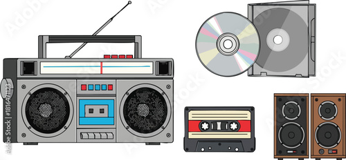 Vintage Media Collection Boombox, Cassette Tape, CD, and Speakers