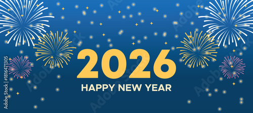 Happy New Year 2026 Banner with Gold Fireworks and Hanging Ornaments on Dark Blue Background