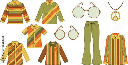 Retro 70s Fashion Illustration with Striped Shirts and Round Glasses