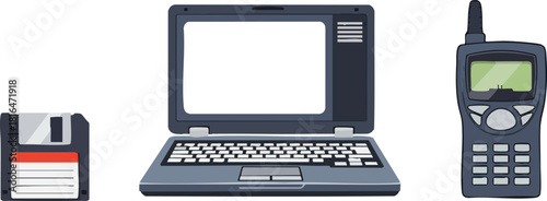 Retro Technology Collage Floppy Disk, Laptop, and Cordless Phone Vector Illustration