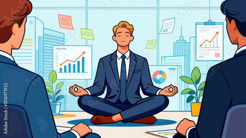 A businessman in a suit meditates in an office, emphasizing the importance of mental wellness and stress relief in a corporate environment.