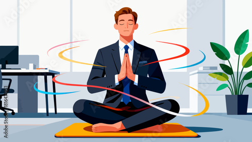 A businessman in a suit meditates in an office, emphasizing the importance of mental wellness and stress relief in a corporate environment.