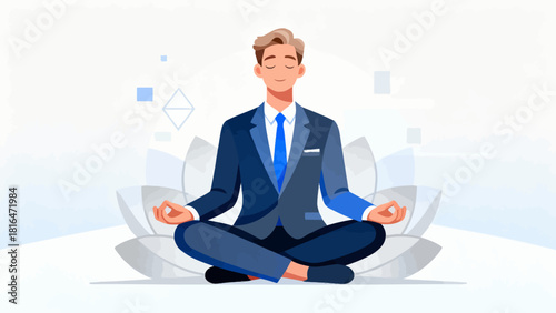 A businessman in a suit meditates in an office, emphasizing the importance of mental wellness and stress relief in a corporate environment.