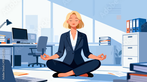 A businessman in a suit meditates in an office, emphasizing the importance of mental wellness and stress relief in a corporate environment.