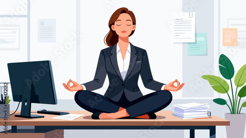 A businessman in a suit meditates in an office, emphasizing the importance of mental wellness and stress relief in a corporate environment.